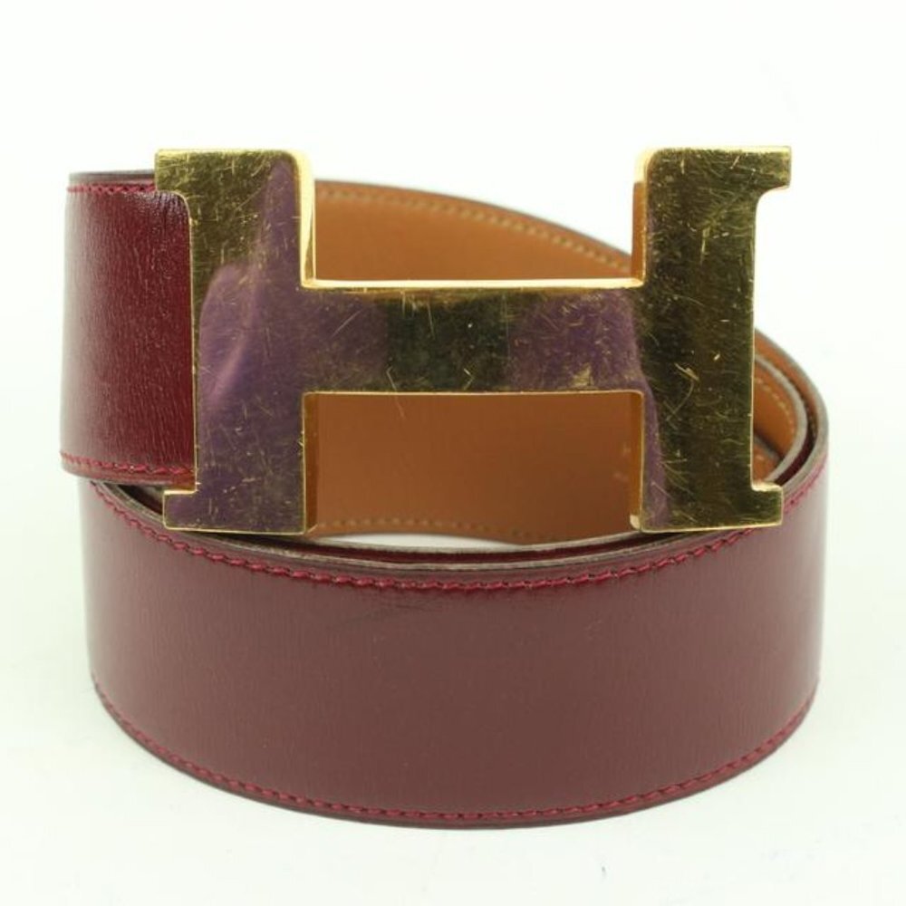 Hermès 42MM Burgundy x Gold H Logo Belt 85h39s